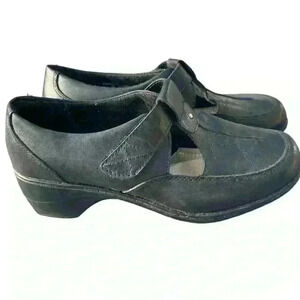 Women's Tom McAn Hilliard Shoes 40762 Size 7W Black Leather T Strap  Wedges EUC